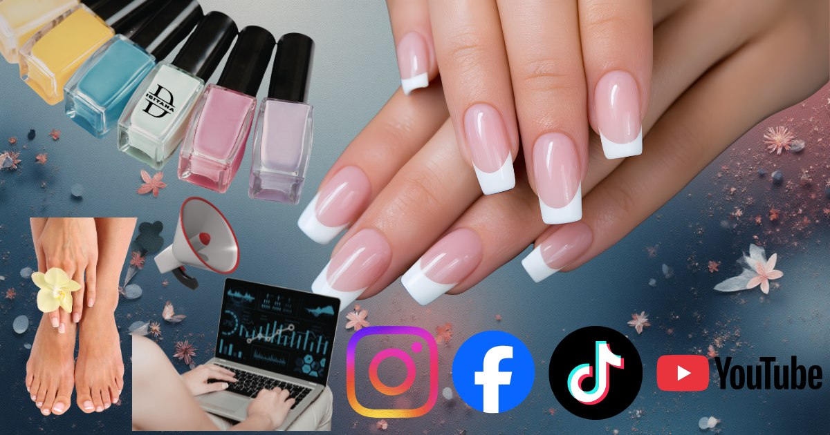 Digitalni_marketing_u_salonu za_manikir_i_pedikir_plavi Na stopalima i na rukama negovani nokti, pored us lakovi za nokte i ikonice za fejsbuk, instagram, tiktok, jutjub.