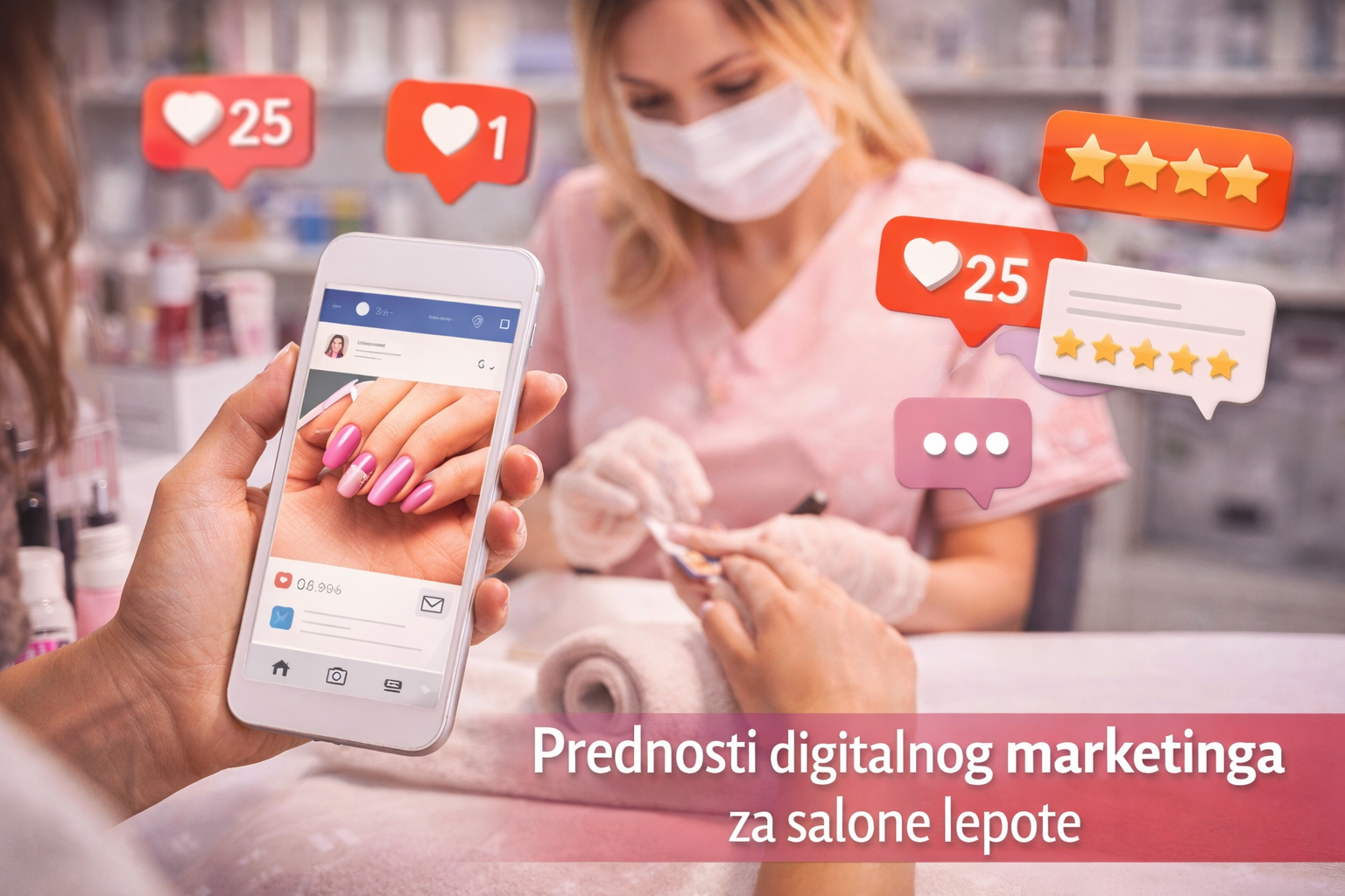 Prednosti_digitalnog_marketinga_za_salone_lepote' Tekst Prednost digitalnog marketinga za salone lepote. Kozmetičarka radi manikir klijentkinji, koja je snima telefonom i odmah dobija lajkove na instagramu.<br />